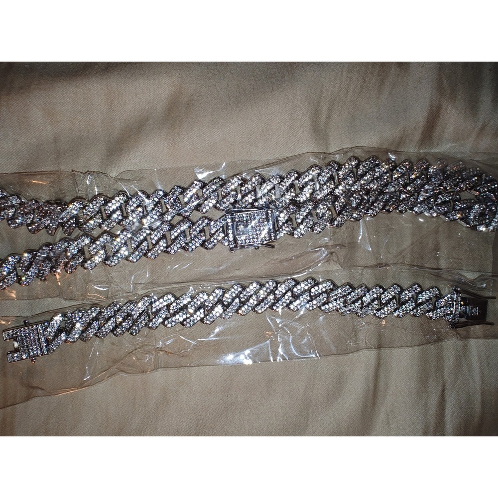 Jewelry Set Iced Out Watch Cuban Link Necklace and Bracelet Silver Tone Bling